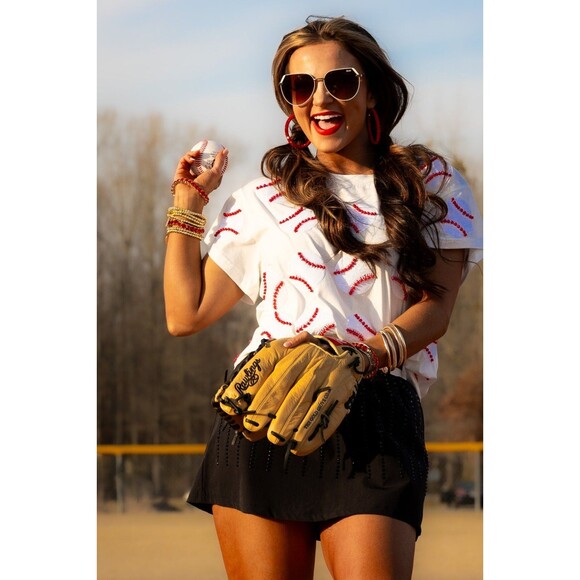 Queen Of Sparkles Tops - Queen of Sparkles Home Run Baseball Sequin Tee White Top Women’s Size L